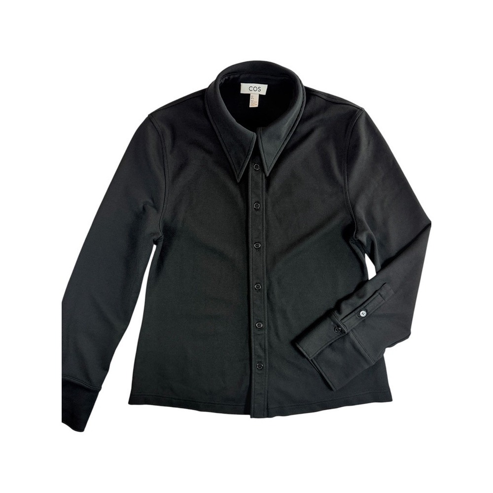 COS Button Down Shirt Women Size S Black Long Sleeve Pointed Collar Ponte Knit